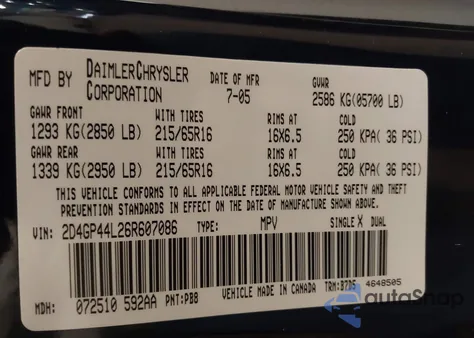 2006 Dodge Grand Caravan Sxt из США, поврежденный, VIN 2D4GP44L26R607086